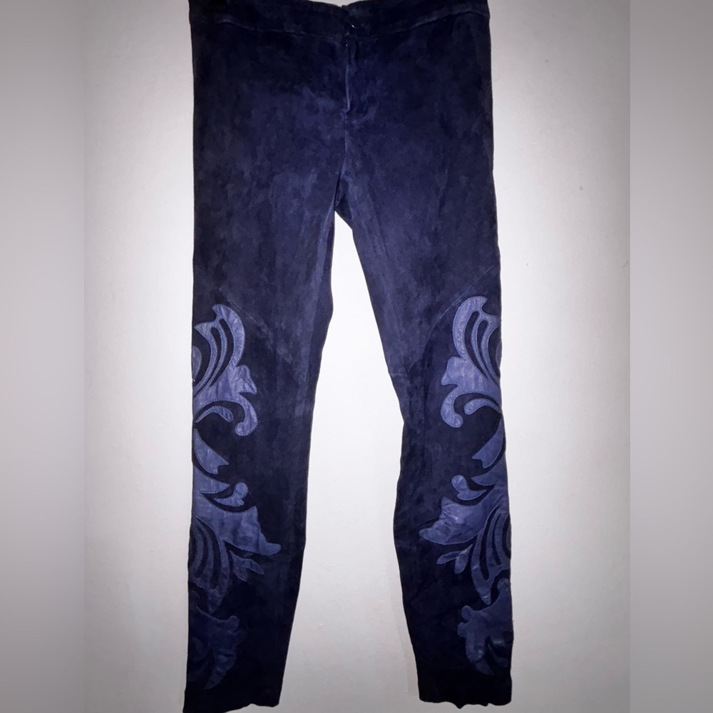 Haute Hippie Dark Blue Stretch Suede Skinny Pants with Leaf Motif Leather Patch.
